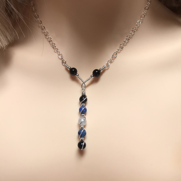 Full Moon Necklace- Moonstone Lapis Lazuli and Onyx Sterling Silver Necklace - Picture 3 of 7